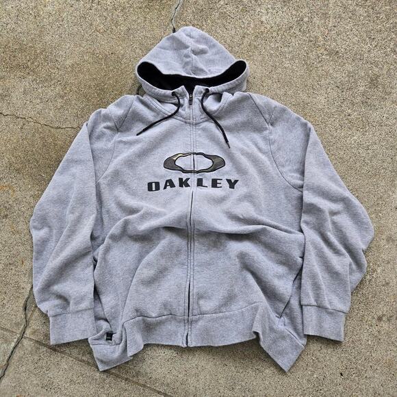 Vtg Y2k OAKLEY Embroidered Camo O Center Logo Zip Up Hooded Sweatshirt Gray XXL - Picture 1 of 6